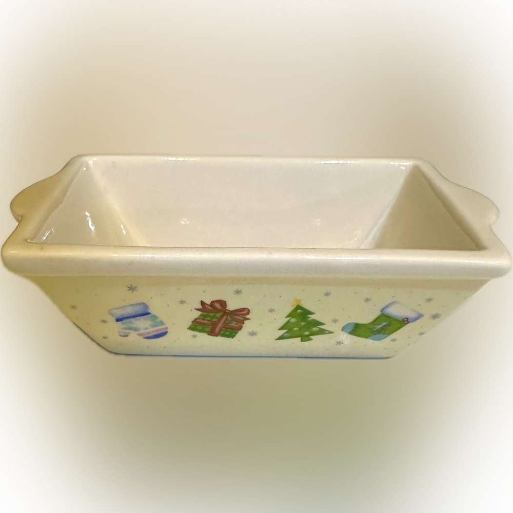 VTG CERAMIC LOAF BREAD PAN GIFT CHRISTMAS HOLIDAY 6.25” X 3.75” EAST WEST DISTR